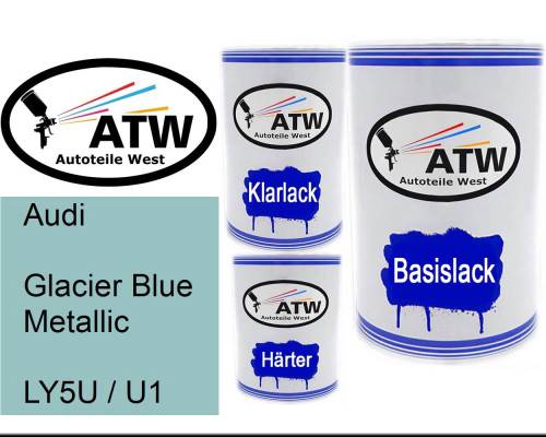 Audi, Glacier Blue Metallic, LY5U / U1: 500ml Lackdose + 500ml Klarlack + 250ml Härter - Set, von ATW Autoteile West.